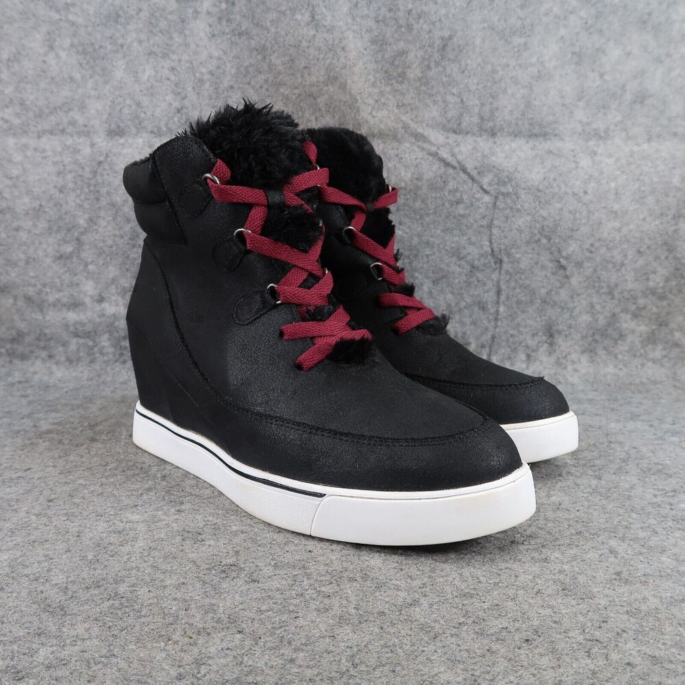 Sugar Shoes Womens 9.5 Fashion Sneakers Wedge Faux Fur Lace Up Memory Foam Black